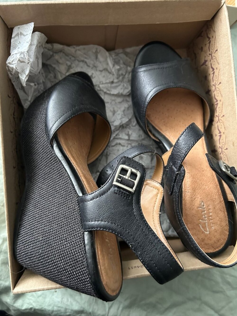 NWT Clarks Artisan black leather open toe wedges womens size 9